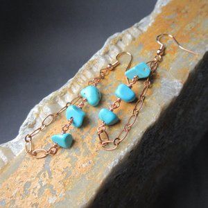 Turquoise Rain Chain Earrings, Sky Blue Turquoise on Copper
